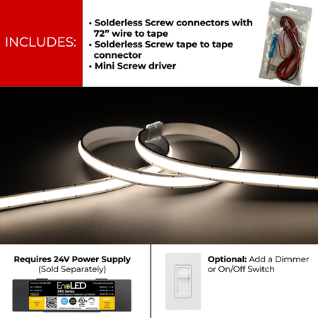 EnoLED 24V Glow67 Series IP67 wet location dot-less high brightness LED strip with included connectors, dimmable driver compatibility, and waterproof LED lighting design