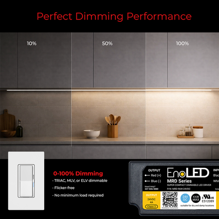 Dimming performance of EnoLED 24V MRD Series phase cut dimmable LED driver.