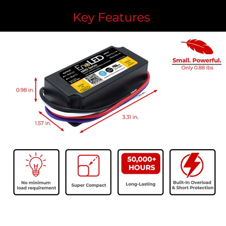 Key features of EnoLED 24V MRD Series phase cut dimmable LED driver.