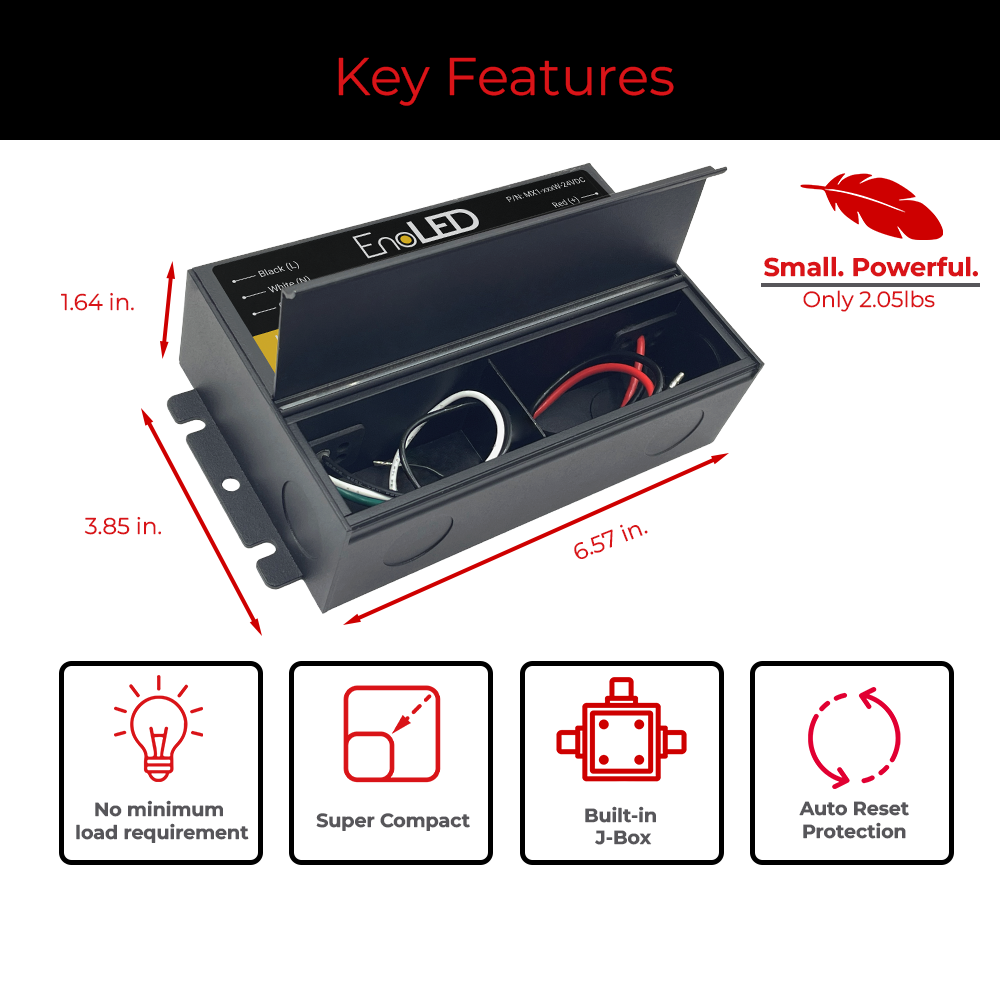 Key features of EnoLED 24V MX1 Series phase cut dimmable J-Box LED driver.