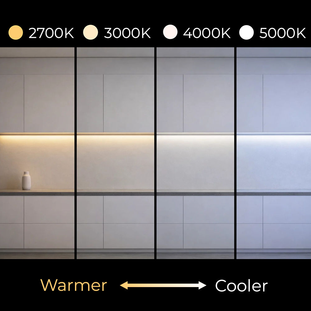 Color temperature guide for EnoLED MaxCut Series COB LED strip light.