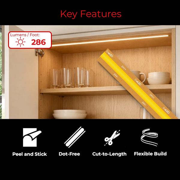EnoLED 24V MaxCut Series cut anywhere COB LED strip light with dot-free illumination, peel and stick installation, flexible design, and cut-to-length capability