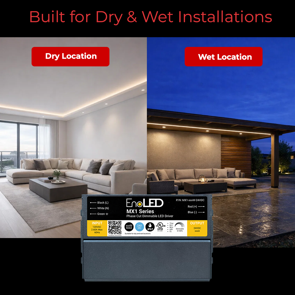 EnoLED NanoDrive Series 0-10V LED driver installed with LED strip lighting.