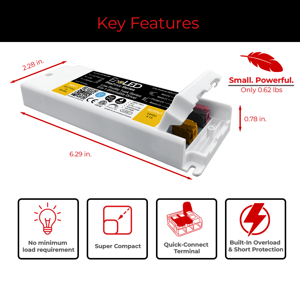 Key features of EnoLED ProDrive Series universal dimming LED driver.