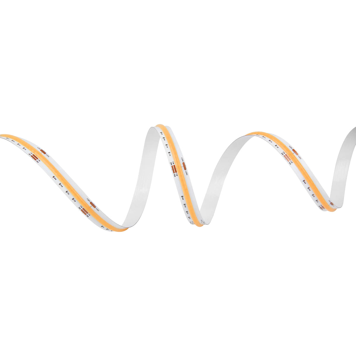 A flexible LED light strip with a white base and a warm orange-gold PCB trace, shown in a wavy, undulating shape against a solid white background.