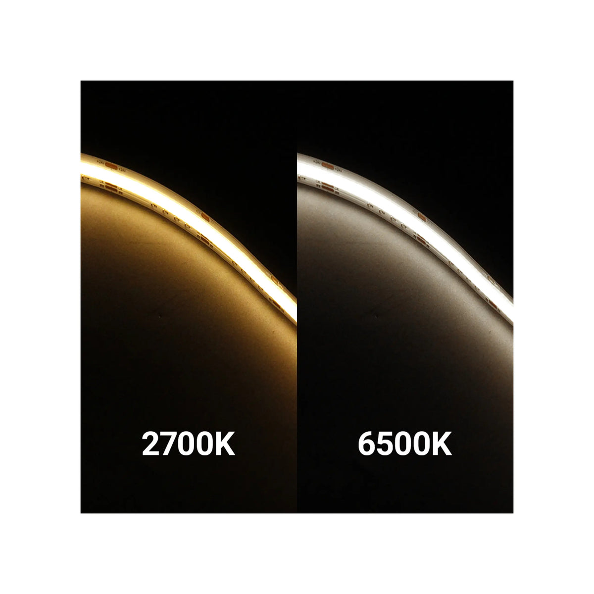 A side-by-side comparison of a curved LED light strip showing two color temperature modes: 2700K emitting a warm golden-yellow glow, and 6500K emitting a bright white glow, set against a black background.