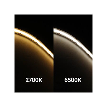 A side-by-side comparison of a curved LED light strip showing two color temperature modes: 2700K emitting a warm golden-yellow glow, and 6500K emitting a bright white glow, set against a black background.