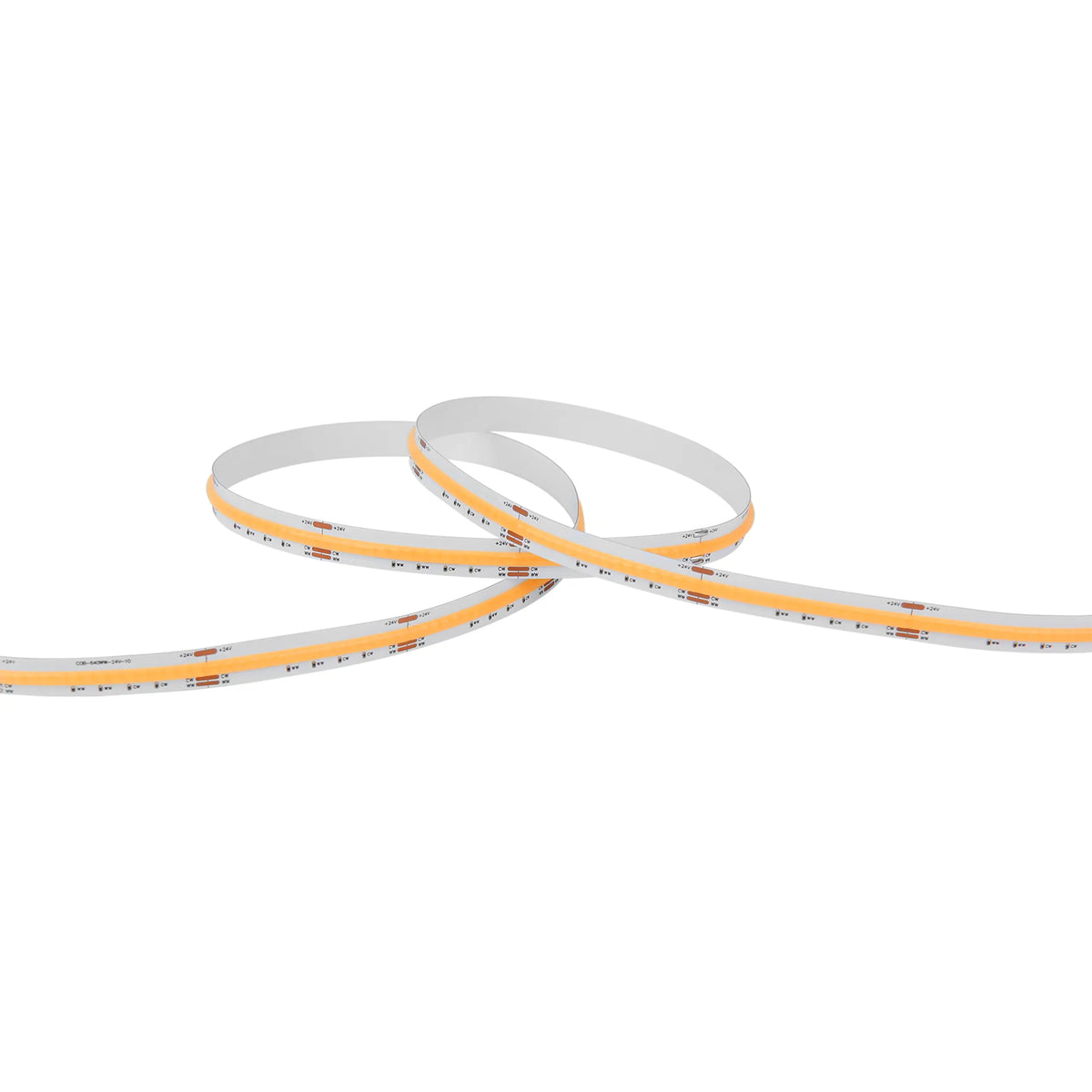 A flexible LED light strip with a white base and orange/yellow LED elements, coiled on a plain white background.