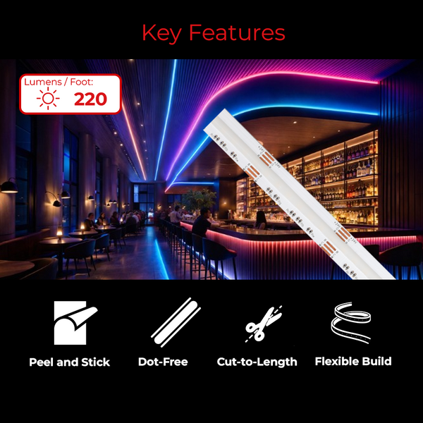 EnoLED 24V UniColor RGB+CCT COB LED Strip Light with RGB color changing, tunable white, and dot-free illumination.