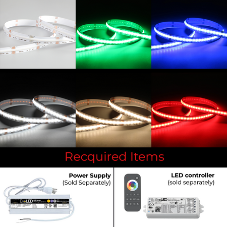 EnoLED 24V UniColor RGB+CCT COB LED Strip Light with color options, power supply, and LED controller requirements.