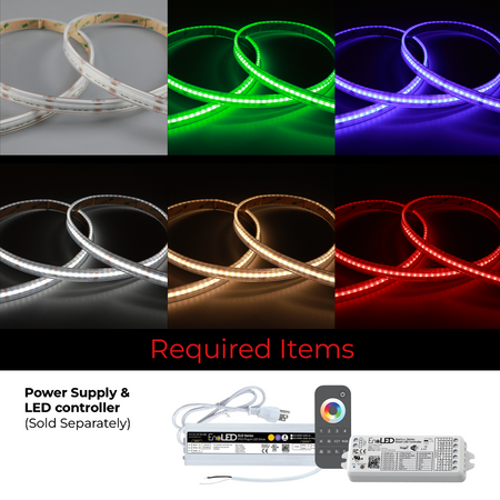 EnoLED 24V UniColor RGB+CCT IP67 wet location COB LED strip light showing RGB color options, tunable white illumination from 2700K to 6000K, and required power supply and LED controller