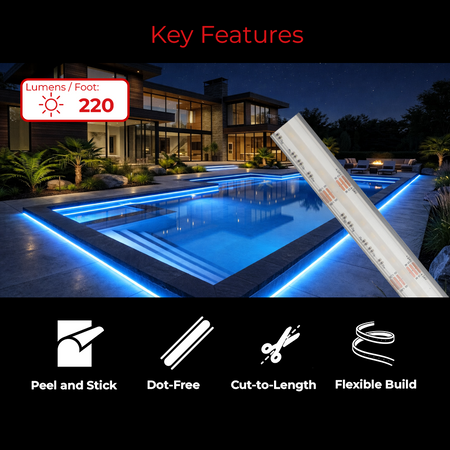 EnoLED 24V UniColor RGB+CCT IP67 COB LED Strip Light with tunable white, RGB color changing, and dot-free illumination.