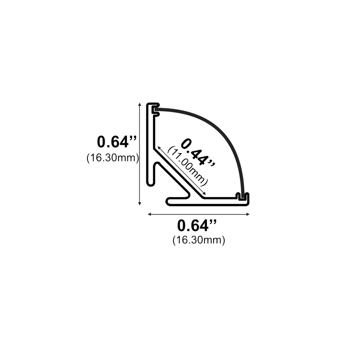 Dimensions of EnoLED corner mount aluminum LED strip profile for LED lighting