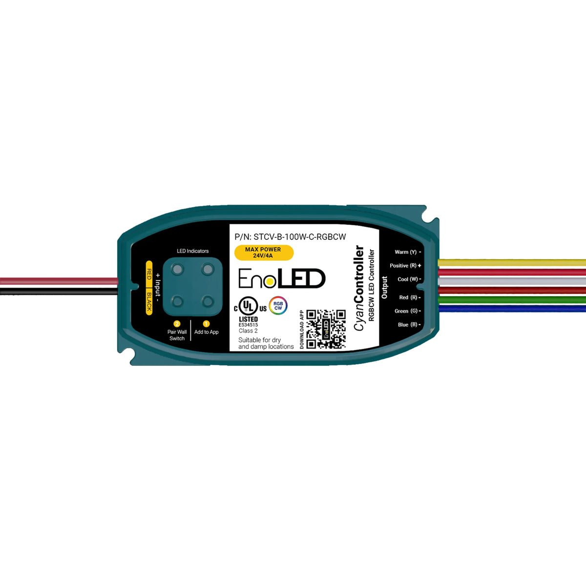 EnoLED Cyan wireless LED controller for RGB+CCT and tunable white LED strips with smart app and wall switch control