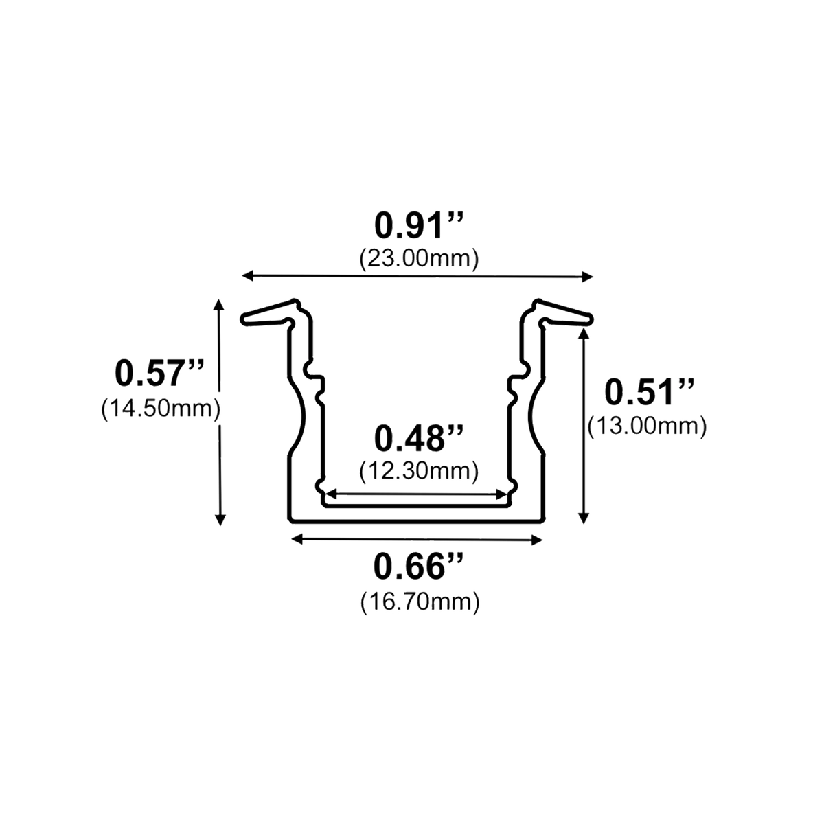 Dimensions of EnoLED deep recessed aluminum LED strip profile for architectural lighting