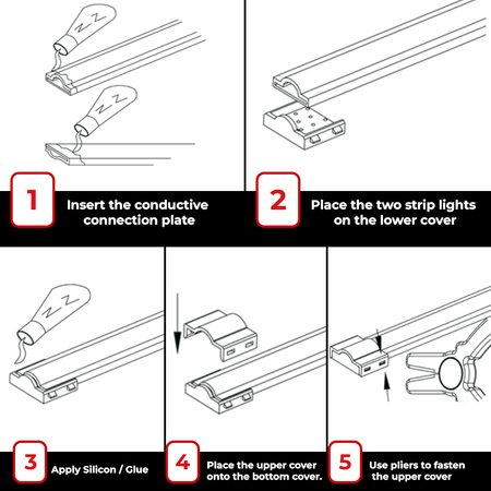 Instructions for connecting Glow67 LED strips with a strip-to-wire connector