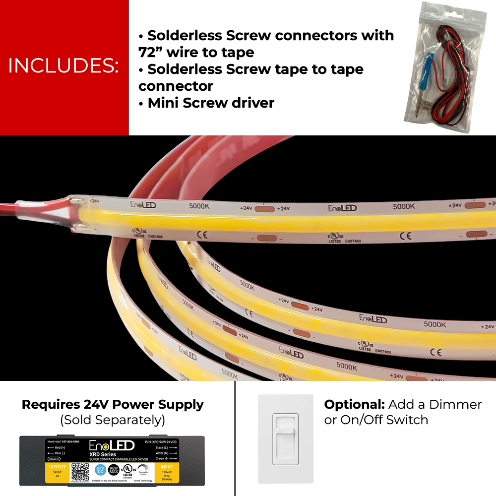 EnoLED Glow67 IP67 LED strip light installation kit with connectors and power supply requirements.