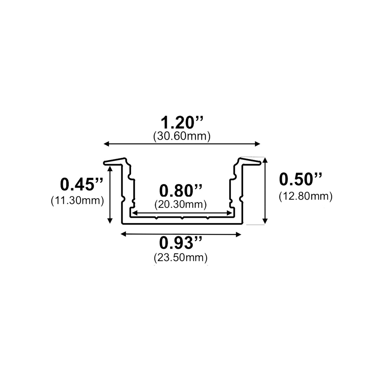 Dimensions of EnoLED medium recessed aluminum LED strip housing
