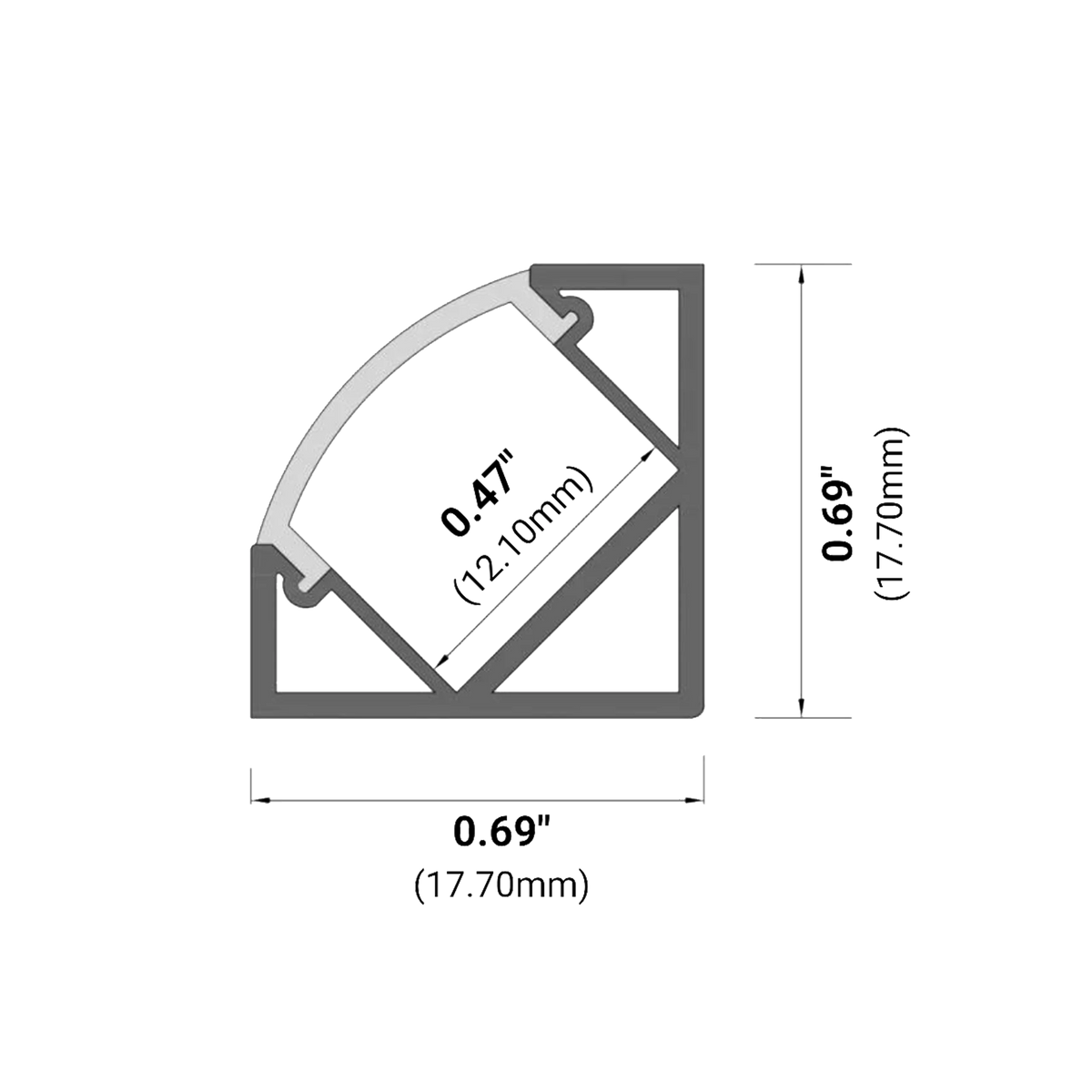 Dimensions of EnoLED small corner mount aluminum LED strip housing