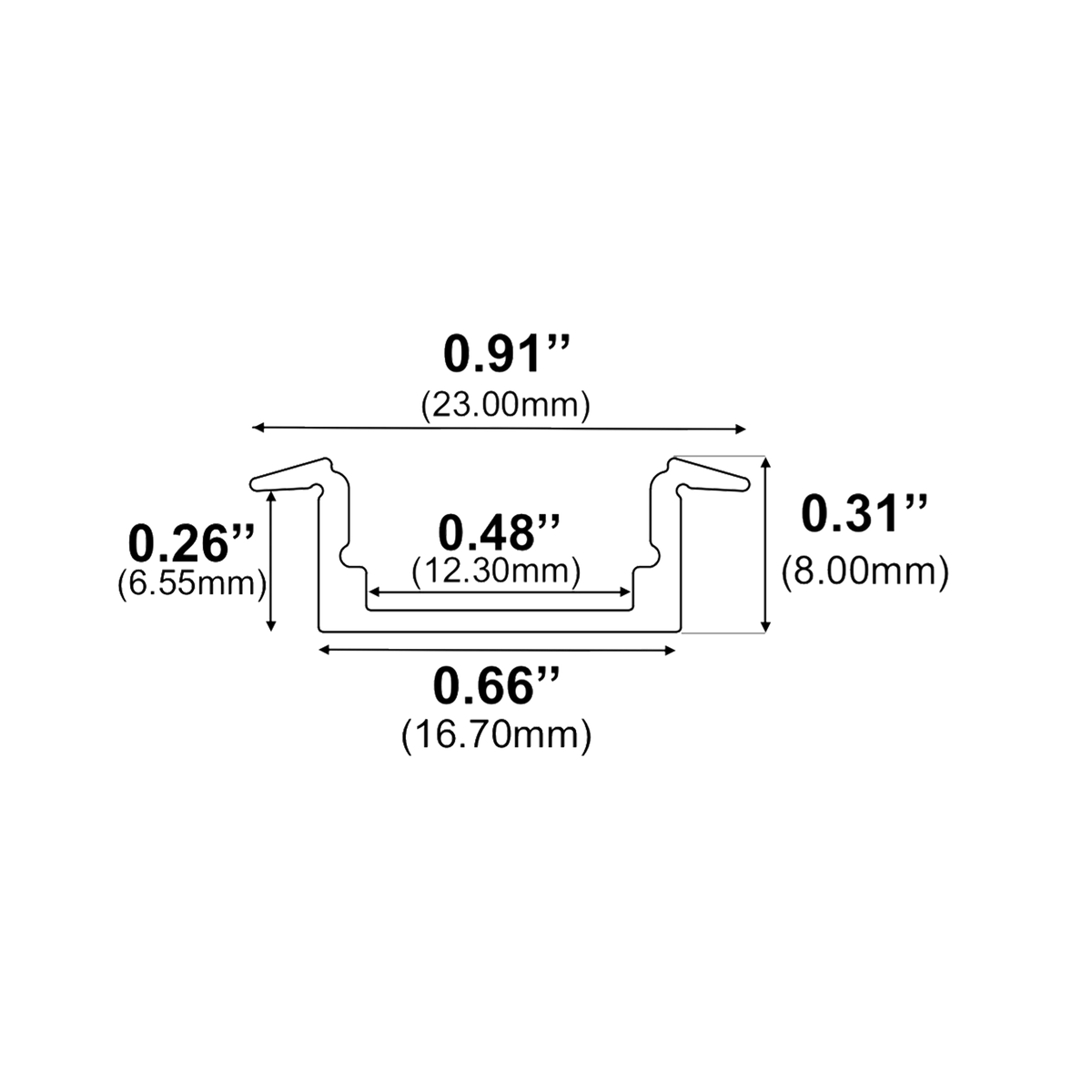 Dimensions of EnoLED small recessed LED channel with aluminum low profile housing