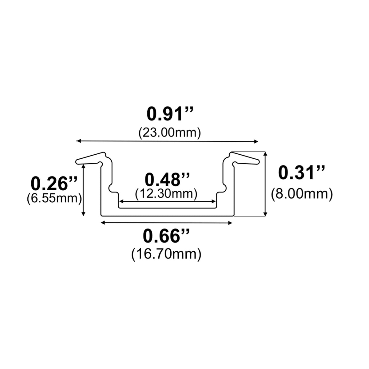Dimensions of EnoLED small recessed LED channel with black low profile aluminum profile