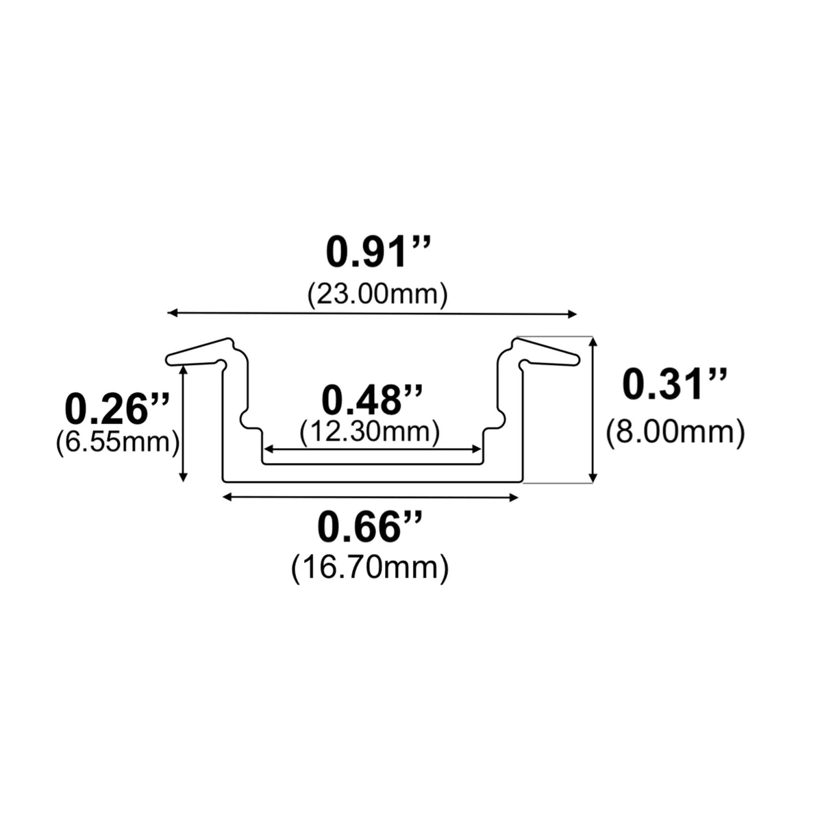 Dimensions of EnoLED small recessed LED channel with matte black low profile housing