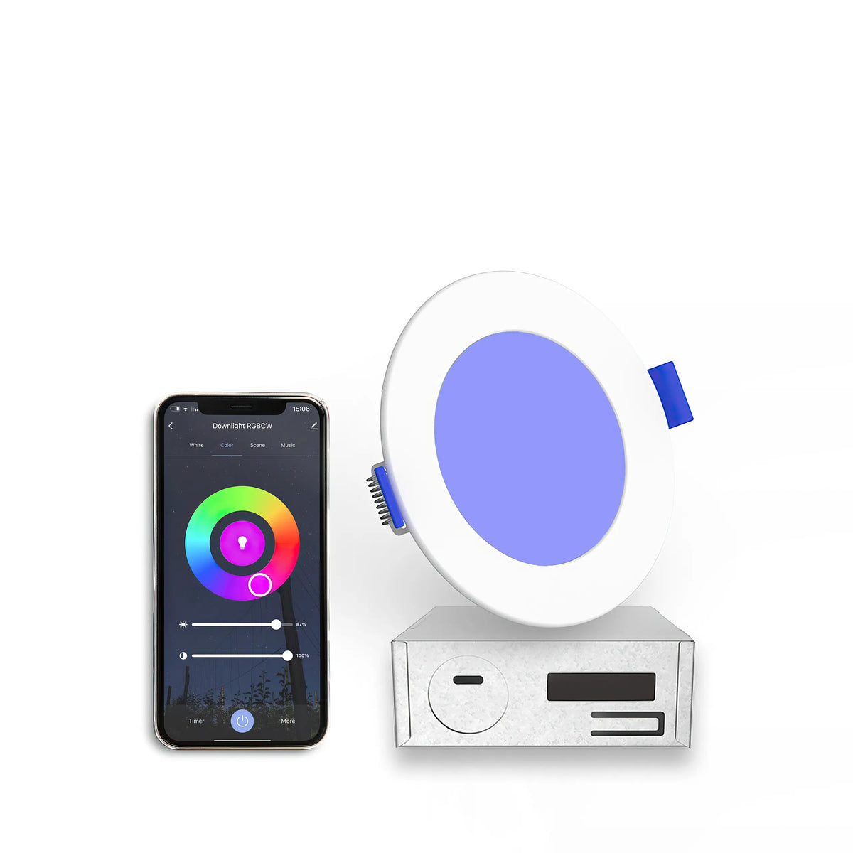 EnoLED smart downlight controlled through mobile app with RGB+CCT color adjustment