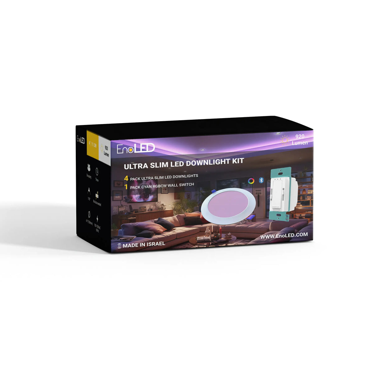 Retail packaging for EnoLED smart RGB+CCT downlight kit with smart dimmer