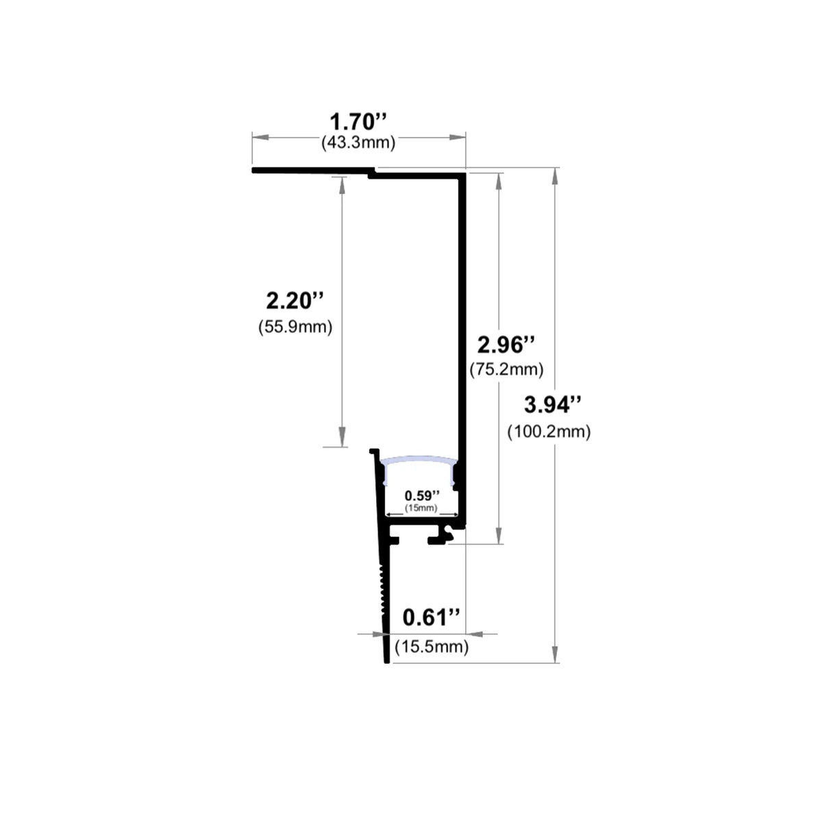 Dimensions of EnoLED trimless mud-in LED channel aluminum housing for LED strip lights