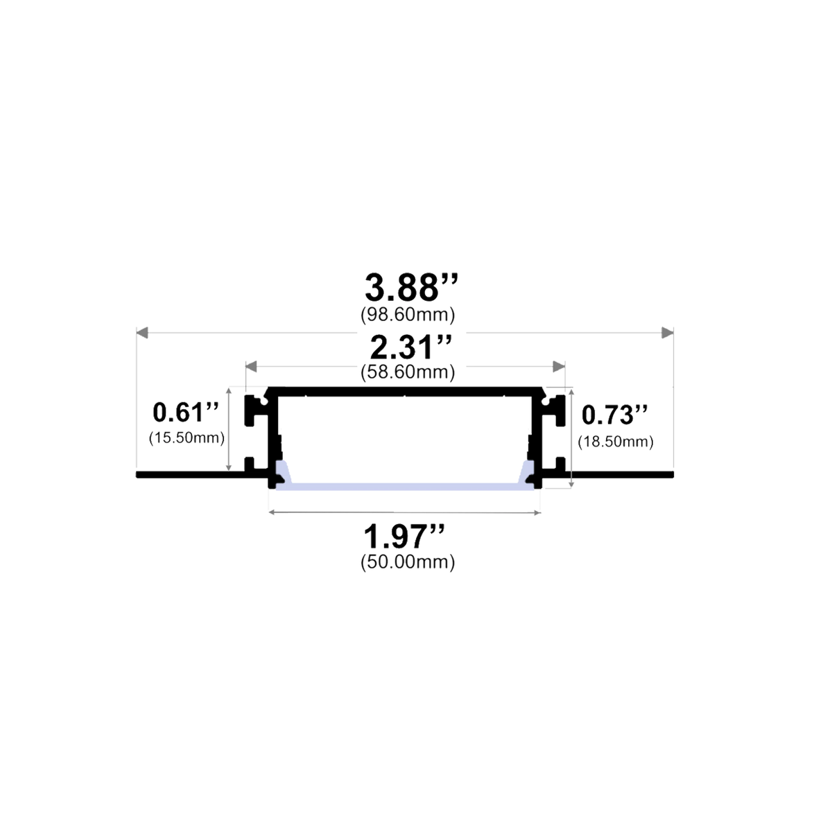 Dimensions of EnoLED extra wide trimless mud-in LED channel for drywall installations