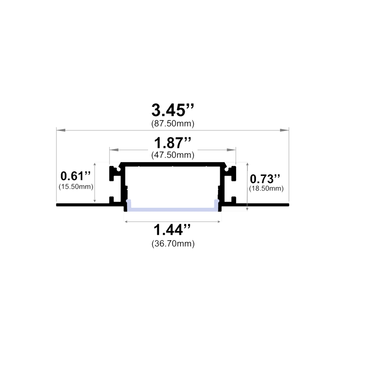 Dimensions of EnoLED wide trimless mud-in LED channel for drywall installations