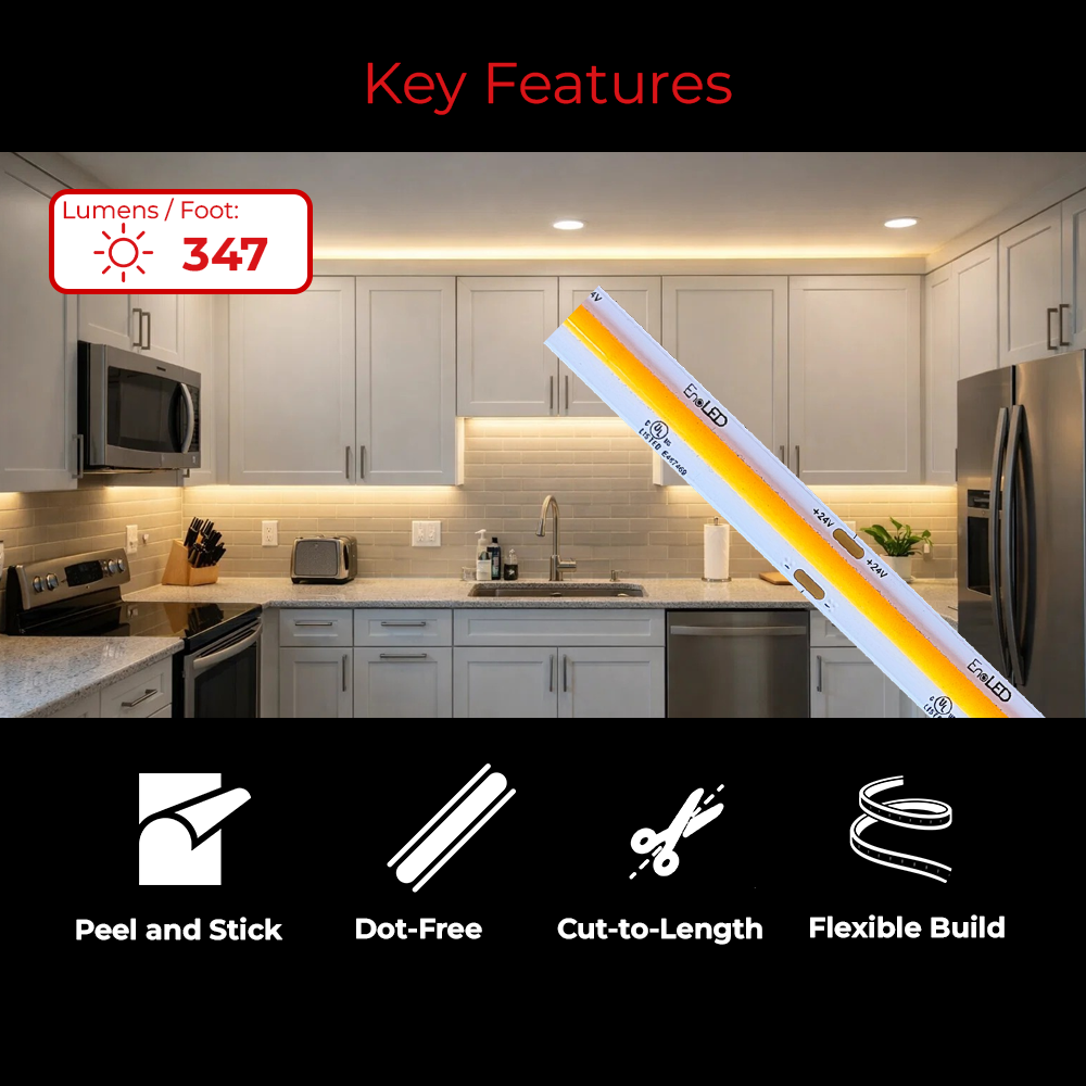 Key features of EnoLED UniBasic medium brightness COB LED strip light with 347 lumens per foot.