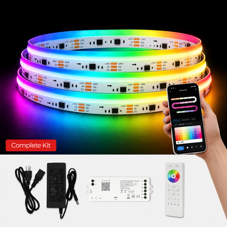 RGB LED light strip shown coiled and glowing with multiple colors, alongside a smartphone app screen, power adapter, controller board, and remote on a white background. A hand is visible holding the phone, so by the schema this is Lifestyle rather than Product/Packaging, even though the setup is still product-focused.