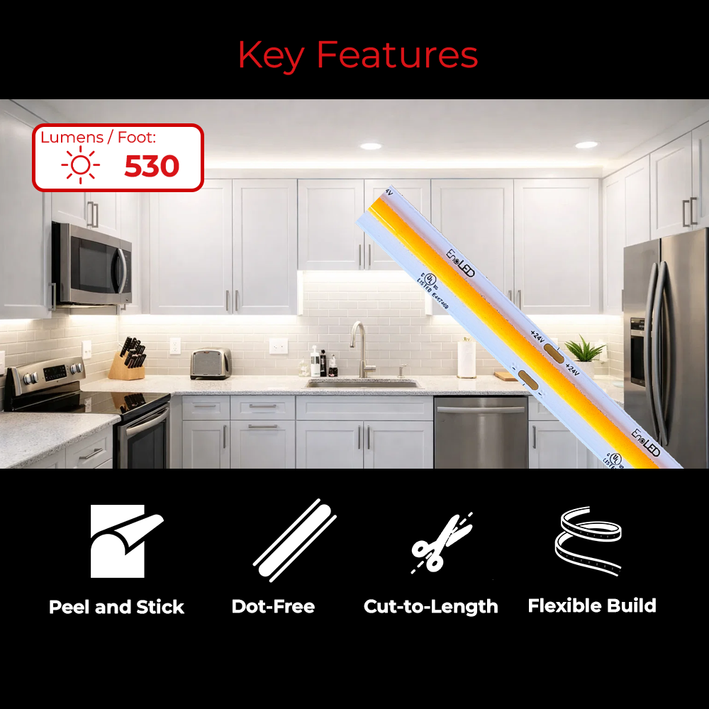 Key features of EnoLED UniPlus high brightness LED strip light with 530 lumens per foot.