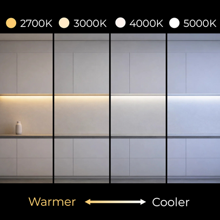 EnoLED UniPlus LED strip light color temperature comparison from 2700K to 5000K.