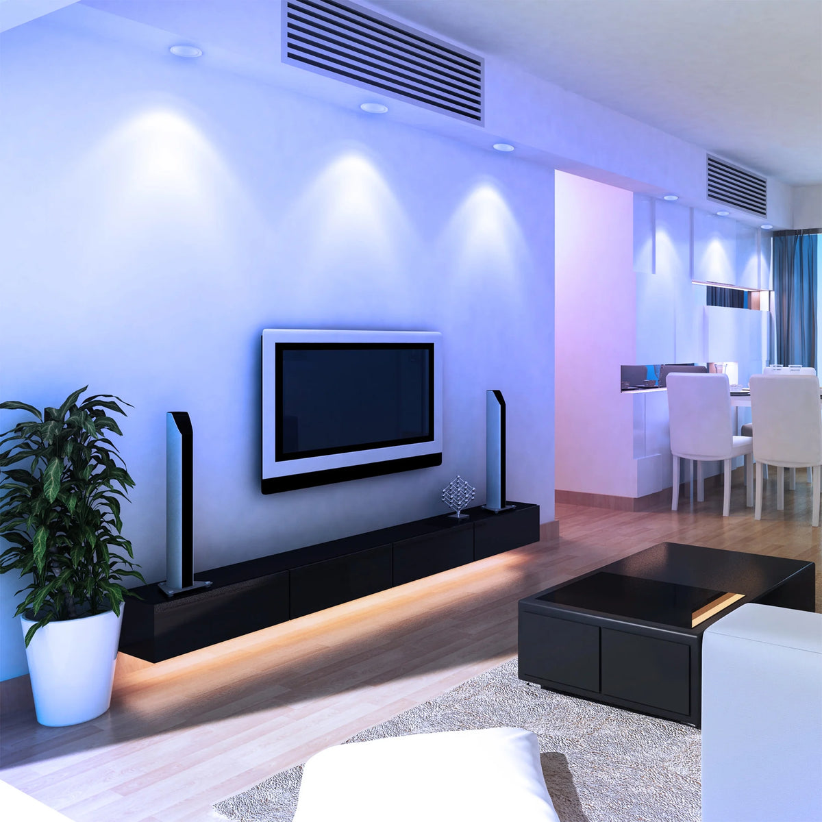 Feit RGBW smart recessed light creating colorful ambient room lighting