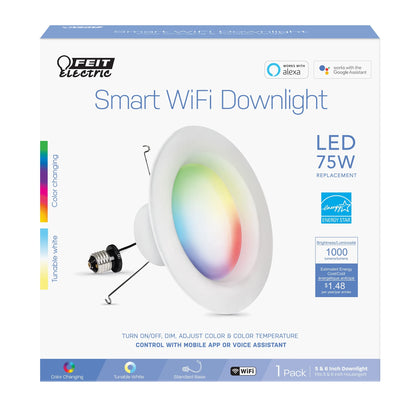 Feit 6” Smart LED Recessed Light – 11.1W (75W Equivalent), RGBW Tunable White, Dimmable, E26