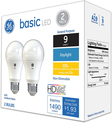 GE Basic A19 LED light bulb 2-pack with 100W equivalent daylight output