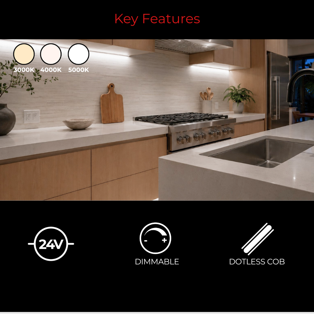 A kitchen interior scene with under-cabinet LED lighting, a gas stove, island countertop, sink, and wall-mounted cabinets. The top and bottom have informational overlays: red 'Key Features' text at the top, three circular light-temperature swatches on the left, and icons reading '24V', 'DIMMABLE', and 'DOTLESS COB' on a black bar at the bottom.