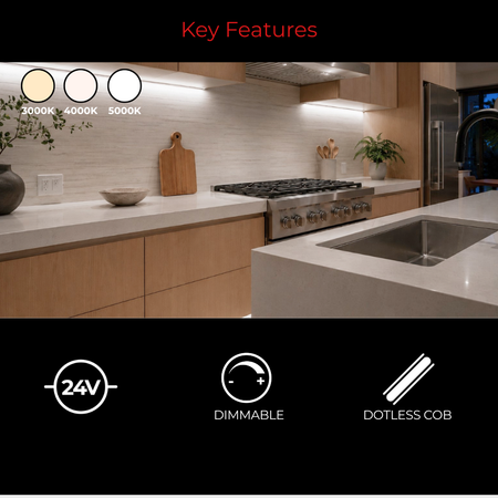 A kitchen interior scene with under-cabinet LED lighting, a gas stove, island countertop, sink, and wall-mounted cabinets. The top and bottom have informational overlays: red 'Key Features' text at the top, three circular light-temperature swatches on the left, and icons reading '24V', 'DIMMABLE', and 'DOTLESS COB' on a black bar at the bottom.