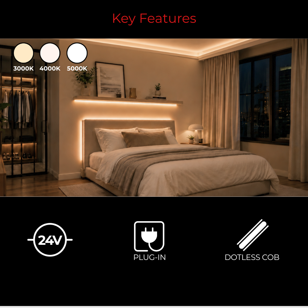 A bedroom scene showing a bed with warm LED under-bed lighting, plus feature callouts at the top and bottom reading Key Features, 24V, Plug-In, and Dotless COB. This is not a clean standalone product shot because it is a promotional composite with environment and text overlays, so Lifestyle fits better than Product/Packaging or Instruction Diagram.