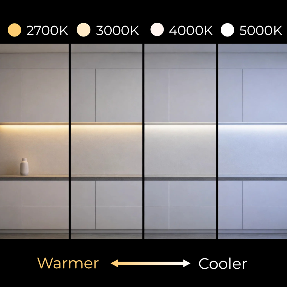 LEDClub 24V COB 200 Series Low Brightness LED Strip Light color temperature guide comparing 2700K warm white, 3000K soft white, 4000K bright white, and 5000K daylight lighting to help select the ideal color temperature for accent, under-cabinet, and architectural lighting applications.