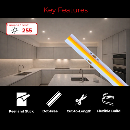 LEDClub 24V COB 200 Series Low Brightness LED Strip Light with 255 lumens per foot, seamless dot-free COB lighting, peel-and-stick backing, flexible design, and cut-to-length installation for accent and ambient lighting applications.
