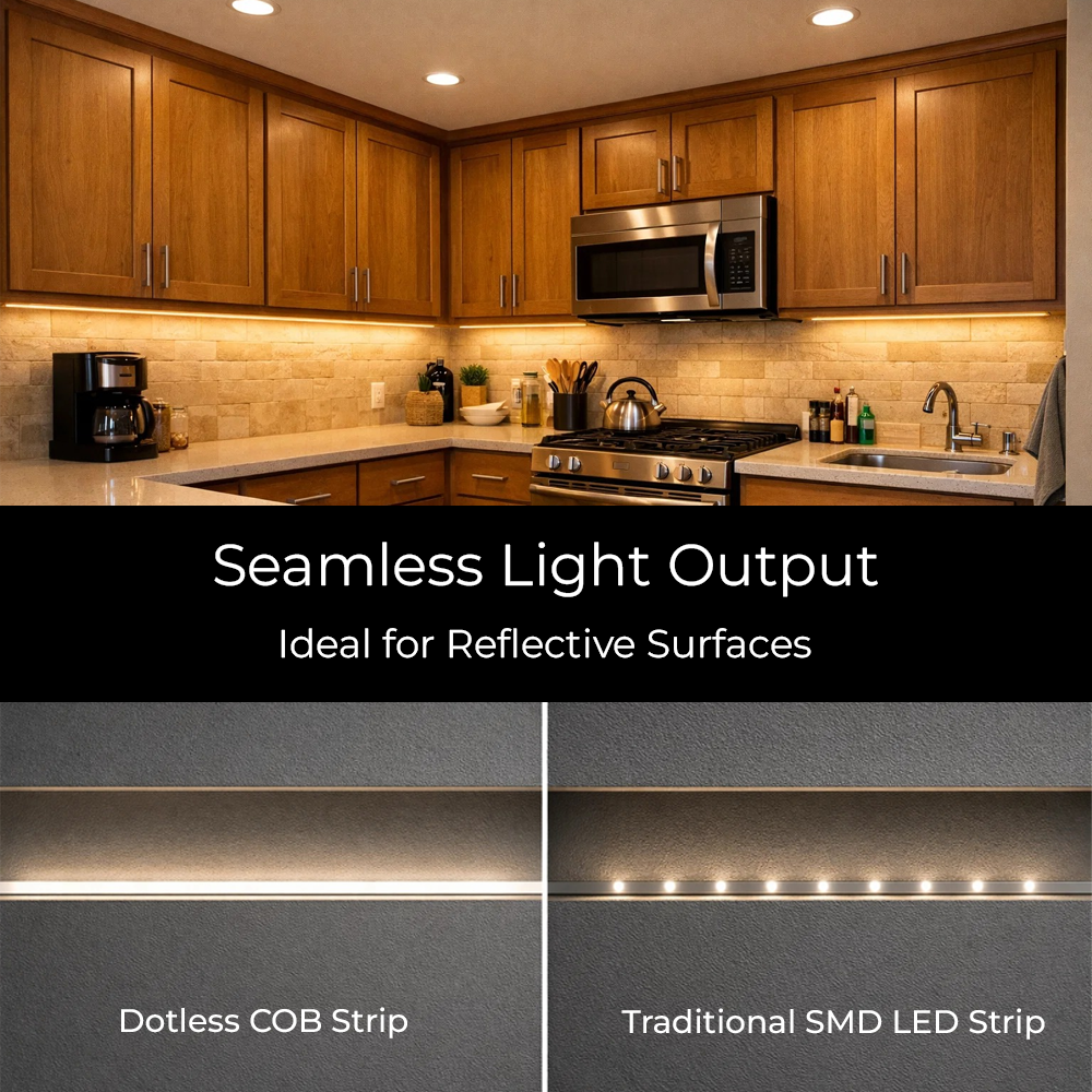 LEDClub 24V COB 200 Series Low Brightness LED Strip Light featuring seamless dot-free COB technology compared to traditional SMD LED strips, providing smooth, continuous illumination without visible LED hotspots for under-cabinet and accent lighting applications.