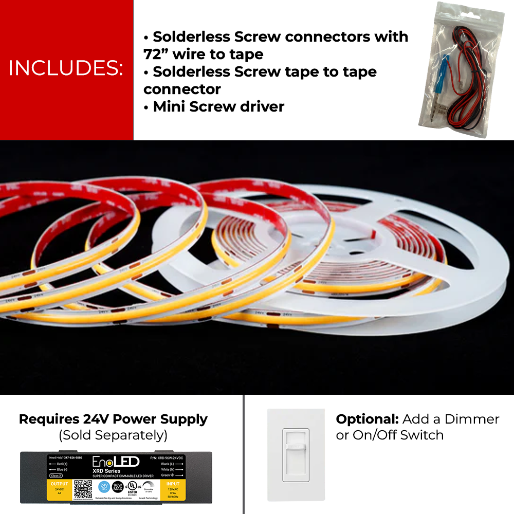 LEDClub 24V COB 300 Series Medium Brightness LED Strip Light installation kit featuring solderless screw connectors, wire-to-tape and tape-to-tape connectors, mini screwdriver, 24V power supply compatibility, and optional dimmer control.