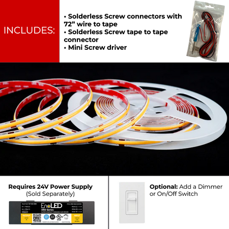 LEDClub 24V COB 300 Series Medium Brightness LED Strip Light installation kit featuring solderless screw connectors, wire-to-tape and tape-to-tape connectors, mini screwdriver, 24V power supply compatibility, and optional dimmer control.