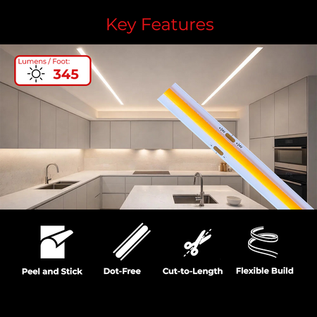 LEDClub 24V COB 300 Series Medium Brightness LED Strip Light with 345 lumens per foot, seamless dot-free COB lighting, peel-and-stick backing, flexible design, and cut-to-length installation.