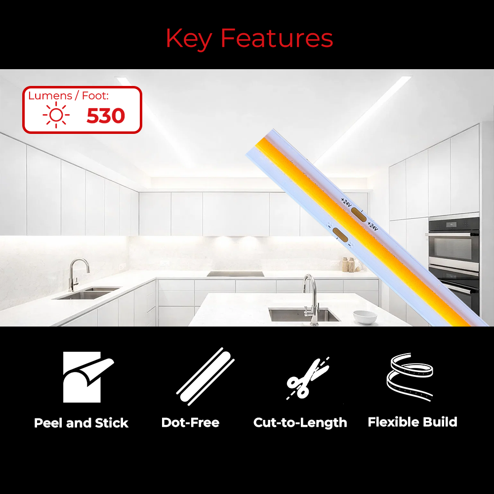 LEDClub 24V COB 500 Series High Brightness LED Strip Light with 530 lumens per foot, seamless dot-free COB lighting, peel-and-stick backing, flexible design, and cut-to-length installation for architectural and accent lighting applications.