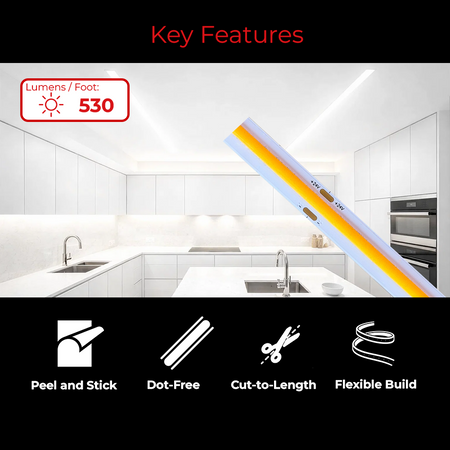 LEDClub 24V COB 500 Series High Brightness LED Strip Light with 530 lumens per foot, seamless dot-free COB lighting, peel-and-stick backing, flexible design, and cut-to-length installation for architectural and accent lighting applications.