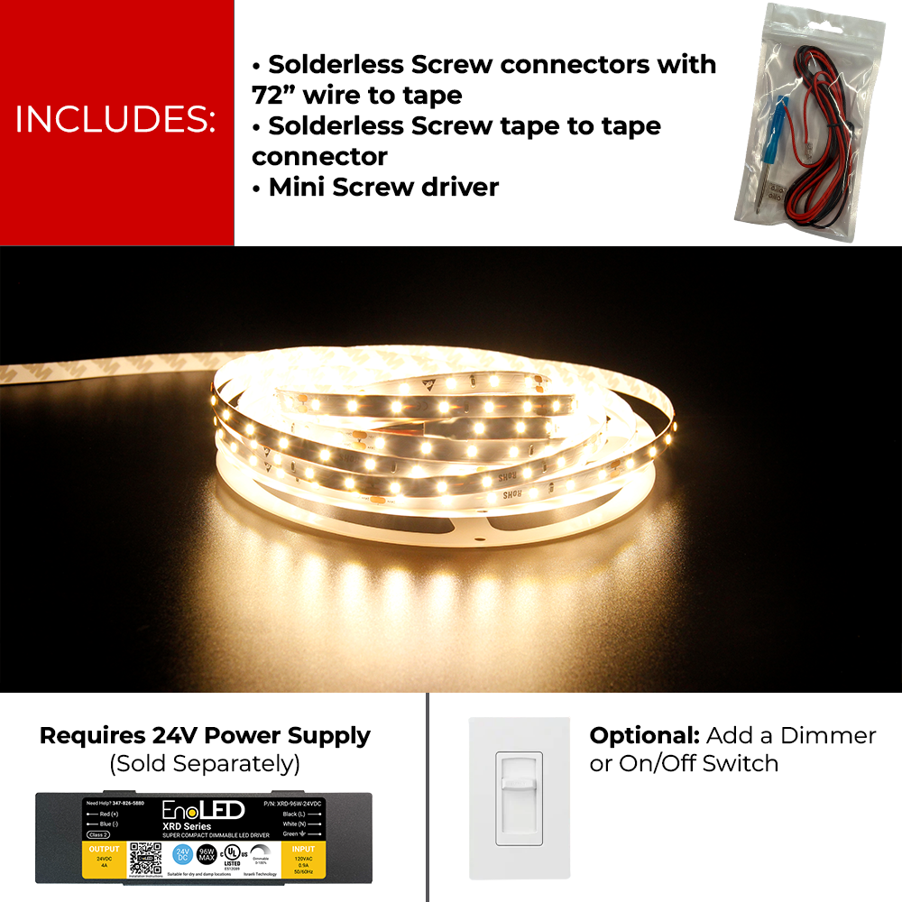 LEDClub 24V SMD Series 200 Low Brightness LED Strip Light complete kit with solderless connectors, mini screwdriver, dimming compatibility, and 24V power supply requirement.